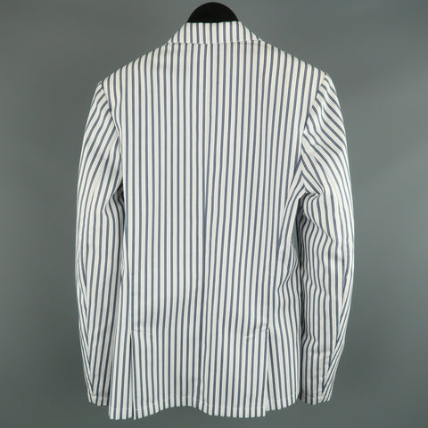 AGNES B. HOMME 36 White & Blue Stripe Polyester Cotton Notch Lapel  Sport Coat
