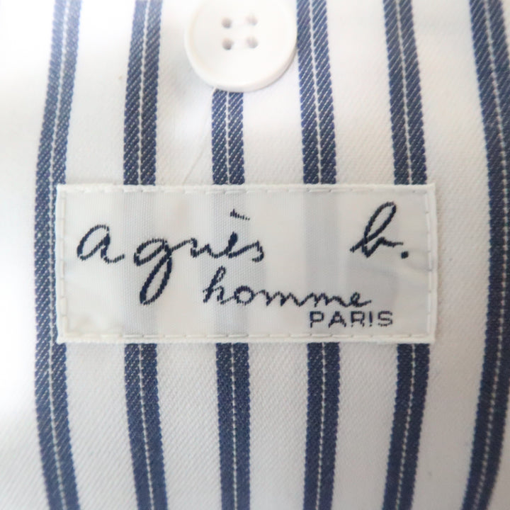 AGNES B. HOMME 36 White & Blue Stripe Polyester Cotton Notch Lapel  Sport Coat