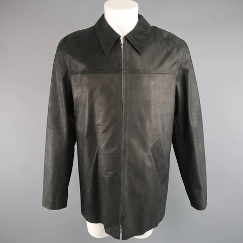 AGNES B. HOMME 40 Black Textured Leather Zip Car Coat AGNÈS B.