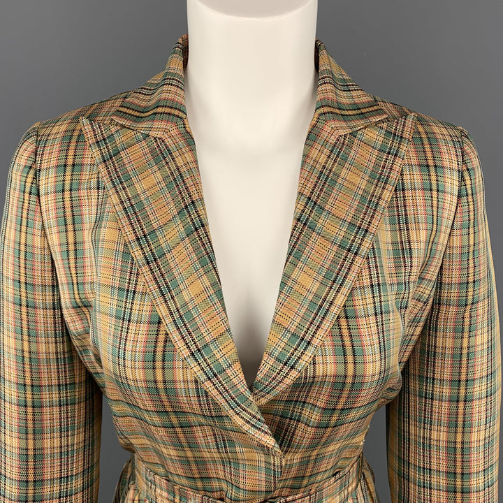 AKRIS Size 8 Gold & Green Plaid Silk  Cropped Belted Blazer