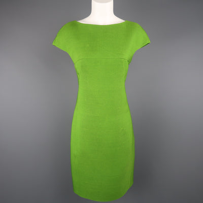 AKRIS Size 8 Green Silk Canvas High Neck Pleated Back Cocktail Dress