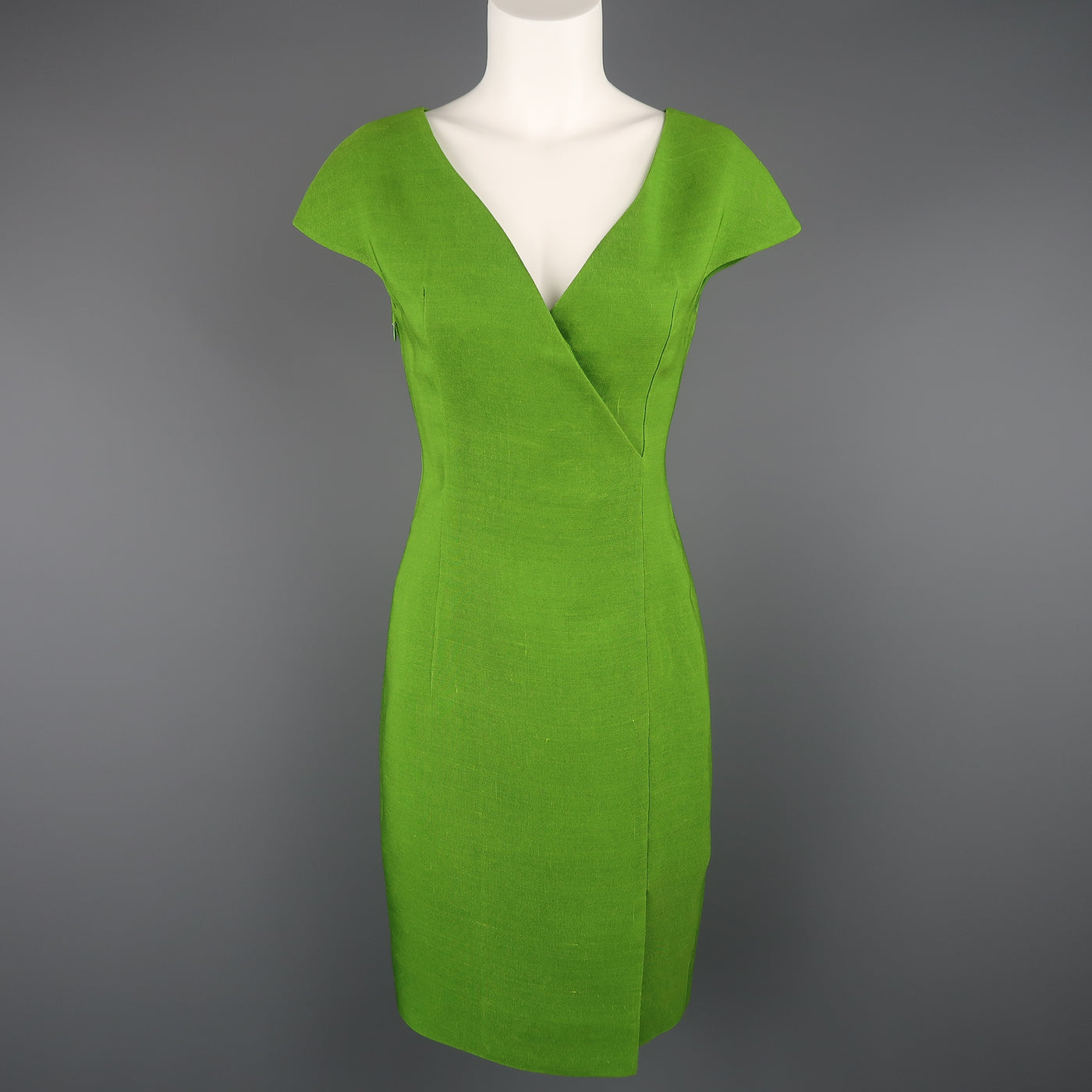 AKRIS Size 8 Green Silk Canvas High Neck Pleated Back Cocktail Dress
