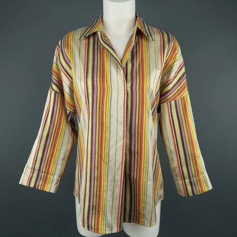 AKRIS Size M Rainbow Striped Textured Silk Collared Tunic Blouse AKRIS