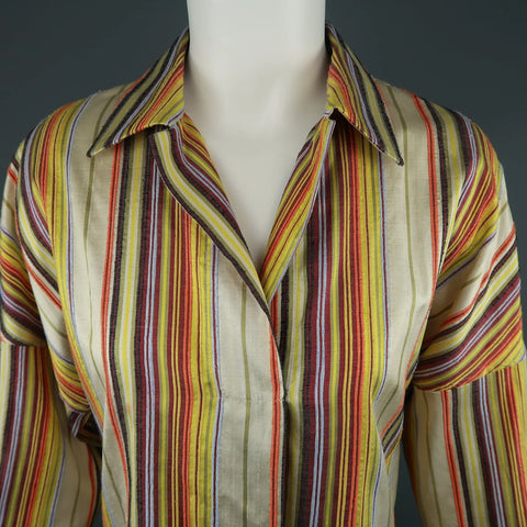 AKRIS Size M Rainbow Striped Textured Silk Collared Tunic Blouse AKRIS