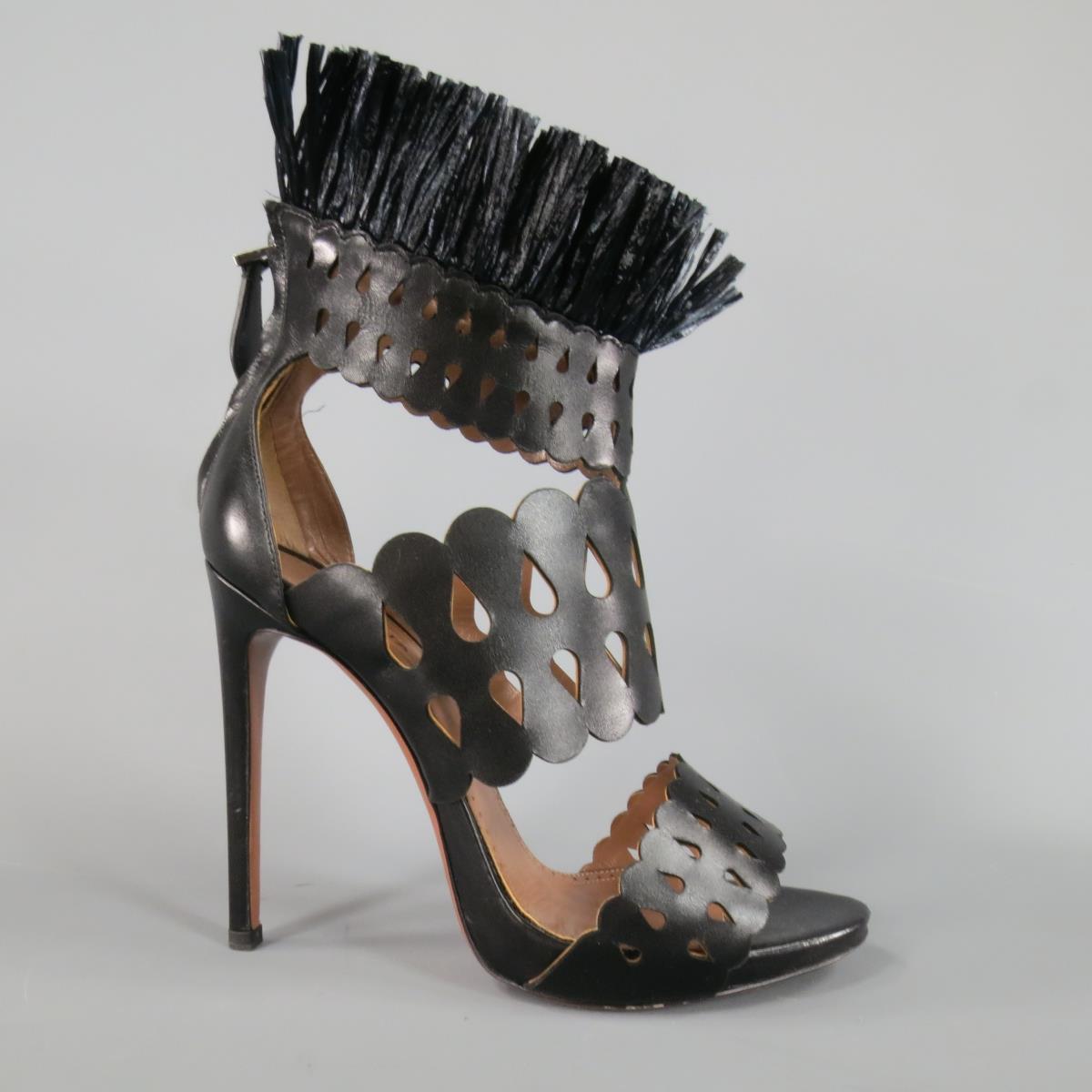 ALAIA Size 8.5 Black Cutout Leather Fringe Ankle Sandals