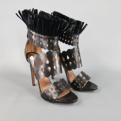 ALAIA Size 8.5 Black Cutout Leather Fringe Ankle Sandals