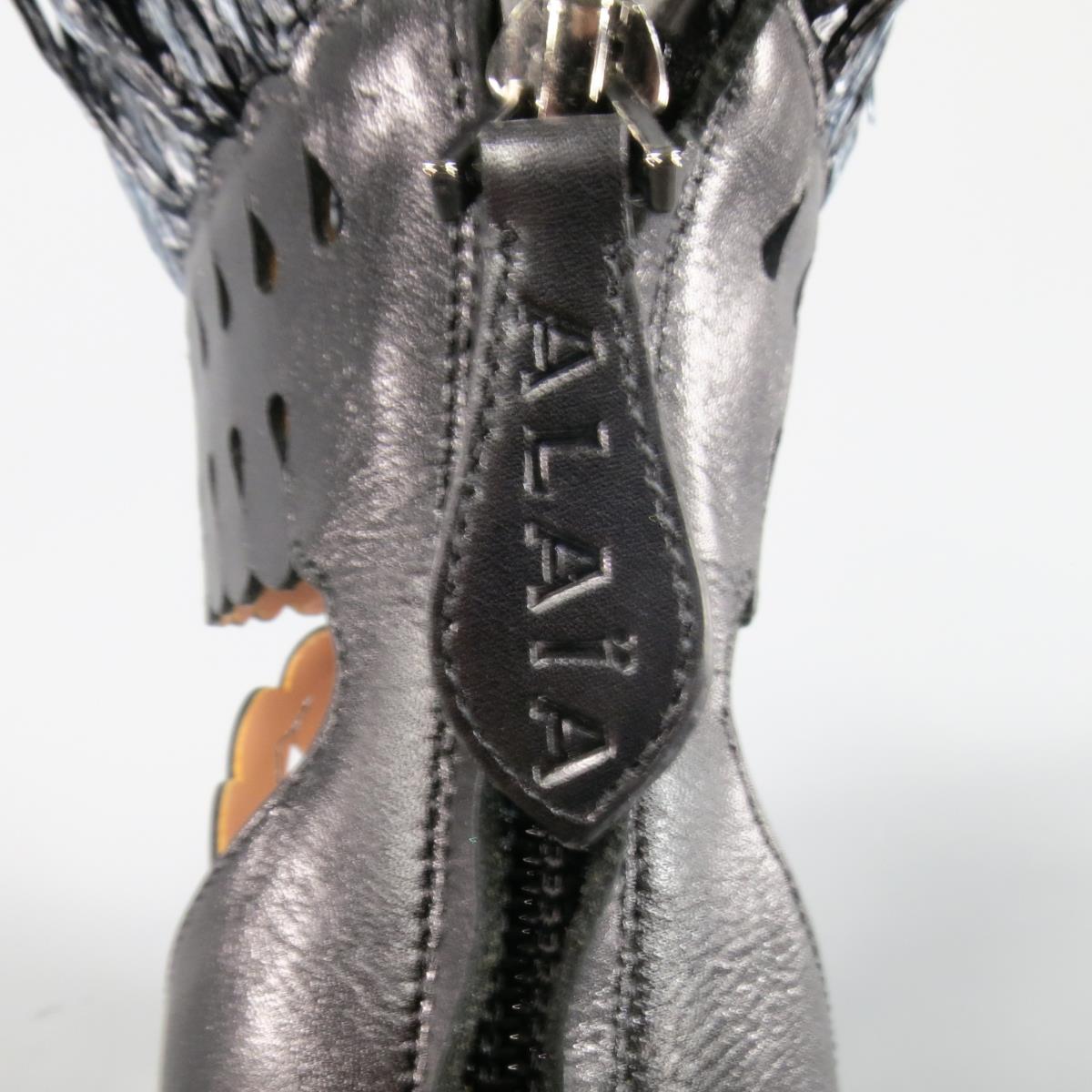ALAIA Size 8.5 Black Cutout Leather Fringe Ankle Sandals
