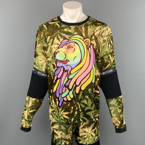 ALEX MATTSSON L Olive Print Viscose / Silk 31 Crew-Neck Suit