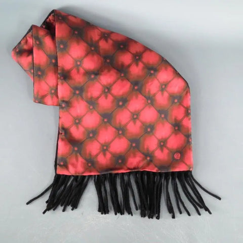 ALEXANDER MCQUEEN Red Tufted Print Satin Fringe Scarf ALEXANDER MCQUEEN