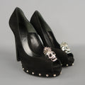 ALEXANDER MCQUEEN Size 7.5 Black Suede Spike Platform Silver Mohawk SKull Pumps ALEXANDER MCQUEEN
