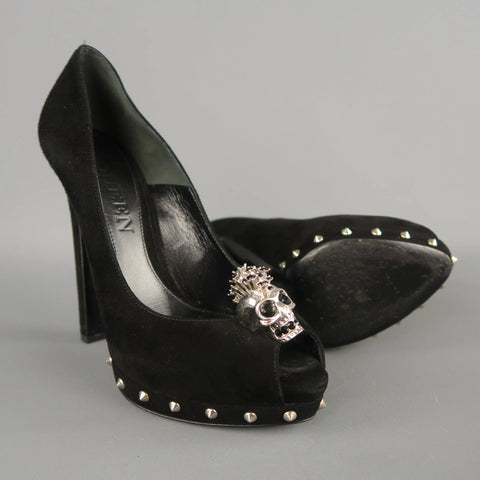 ALEXANDER MCQUEEN Size 7.5 Black Suede Spike Platform Silver Mohawk SKull Pumps ALEXANDER MCQUEEN