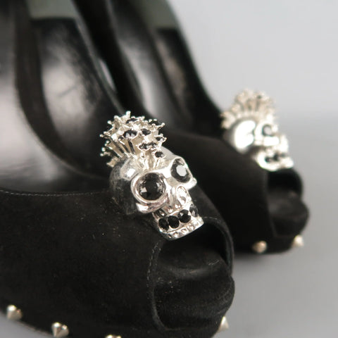 ALEXANDER MCQUEEN Size 7.5 Black Suede Spike Platform Silver Mohawk SKull Pumps ALEXANDER MCQUEEN