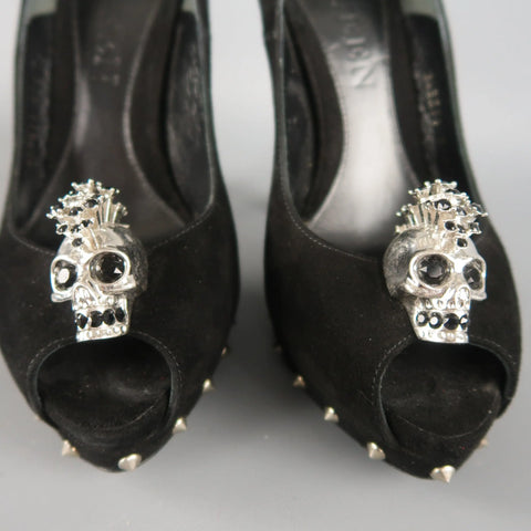 ALEXANDER MCQUEEN Size 7.5 Black Suede Spike Platform Silver Mohawk SKull Pumps ALEXANDER MCQUEEN