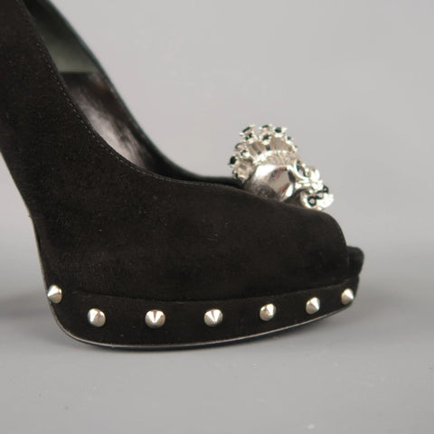 ALEXANDER MCQUEEN Size 7.5 Black Suede Spike Platform Silver Mohawk SKull Pumps ALEXANDER MCQUEEN
