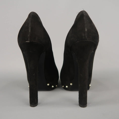 ALEXANDER MCQUEEN Size 7.5 Black Suede Spike Platform Silver Mohawk SKull Pumps ALEXANDER MCQUEEN
