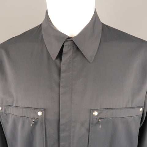 ALLEGRI 40 Navy Solid Cotton Blend Hidden Placket Zip Pocket Jacket