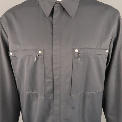 ALLEGRI 40 Navy Solid Cotton Blend Hidden Placket Zip Pocket Jacket