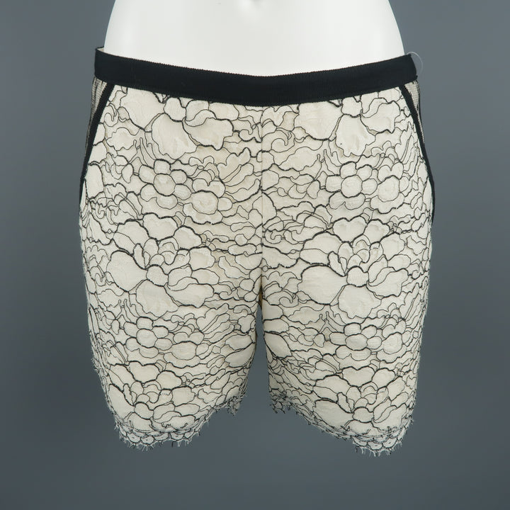 ANDREW GN Size 6 White / Black Wool Blend Floral Lace Shorts