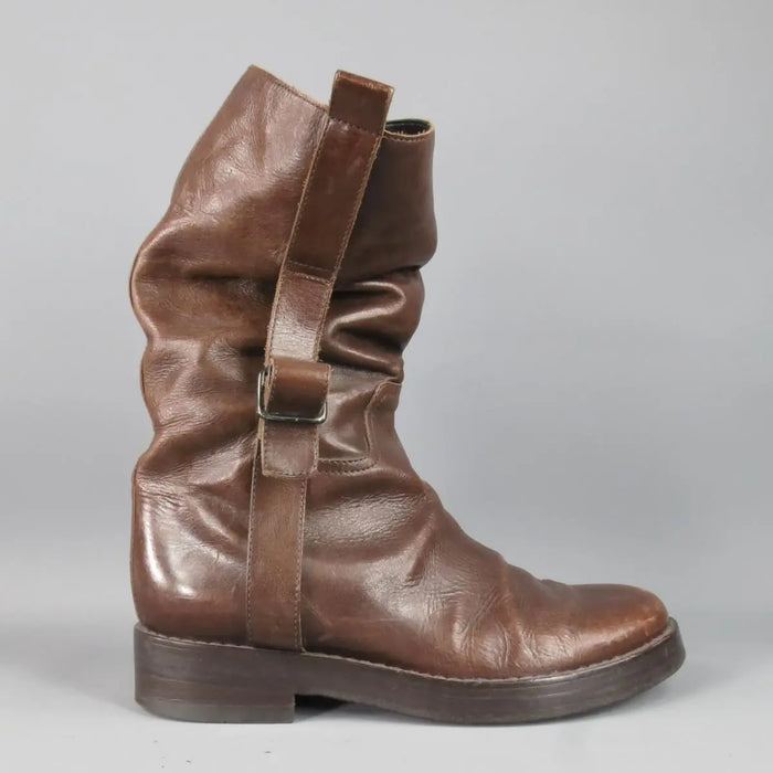 ANN DEMEULEMEESTER Size 7.5 Brown Distressed Leather Workman Belt Boots