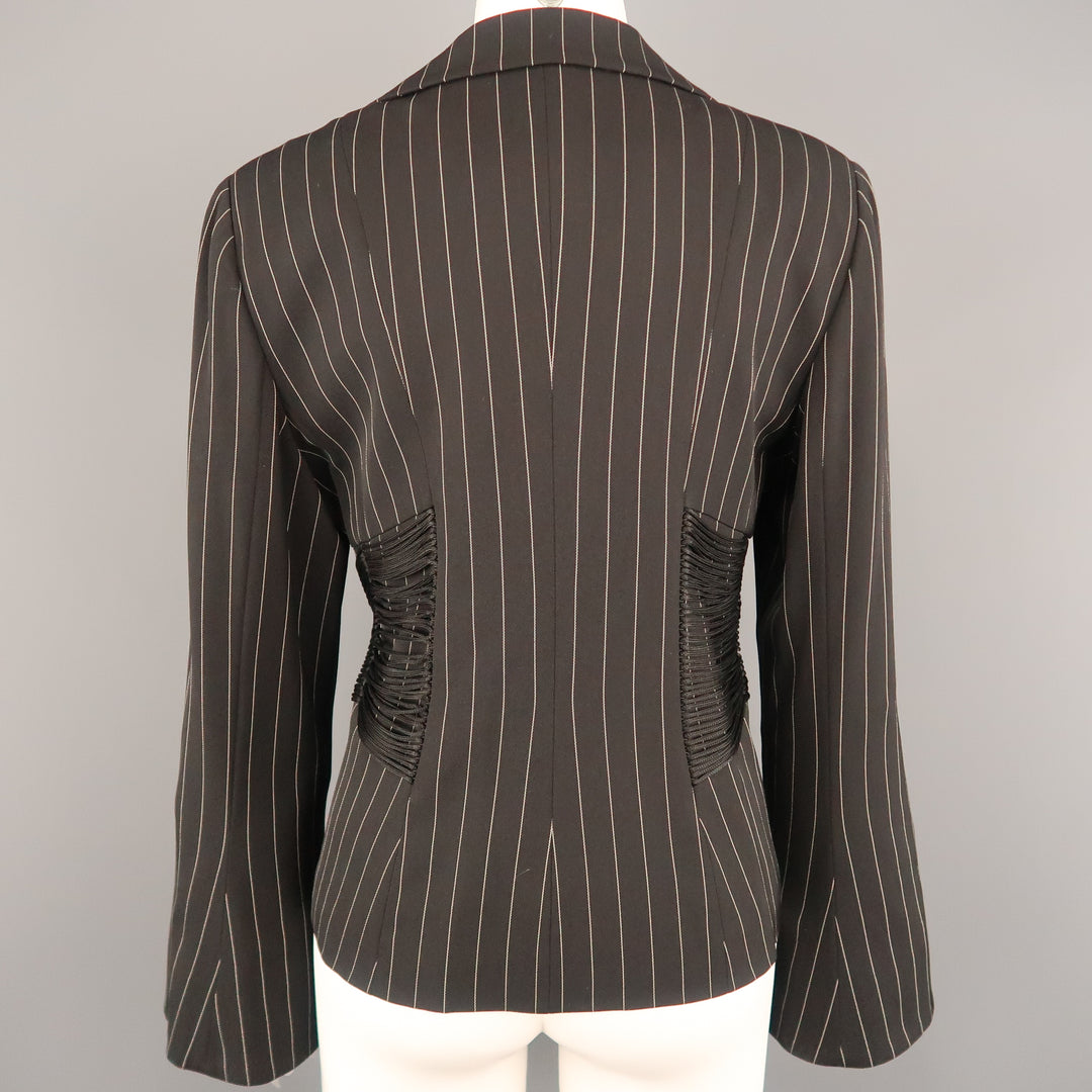 ARMANI COLLEZIONI Size 12 Black Pinstripe Fringe Corset Blazer Jacket