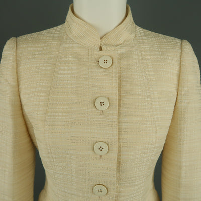 ARMANI COLLEZIONI Size 6 Cream Textured Cotton Blend Mandarin Collar Jacket