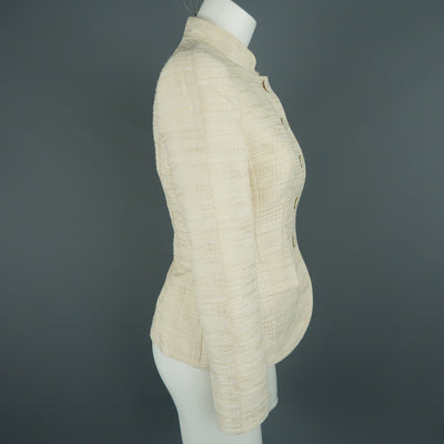 ARMANI COLLEZIONI Size 6 Cream Textured Cotton Blend Mandarin Collar Jacket