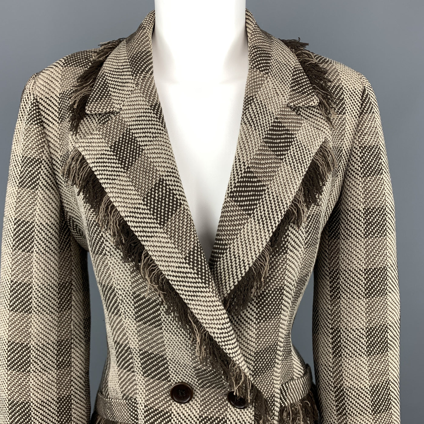 ARMANI COLLEZIONI Size 8 Taupe & Brown Plaid  Fringe Trim Jacket
