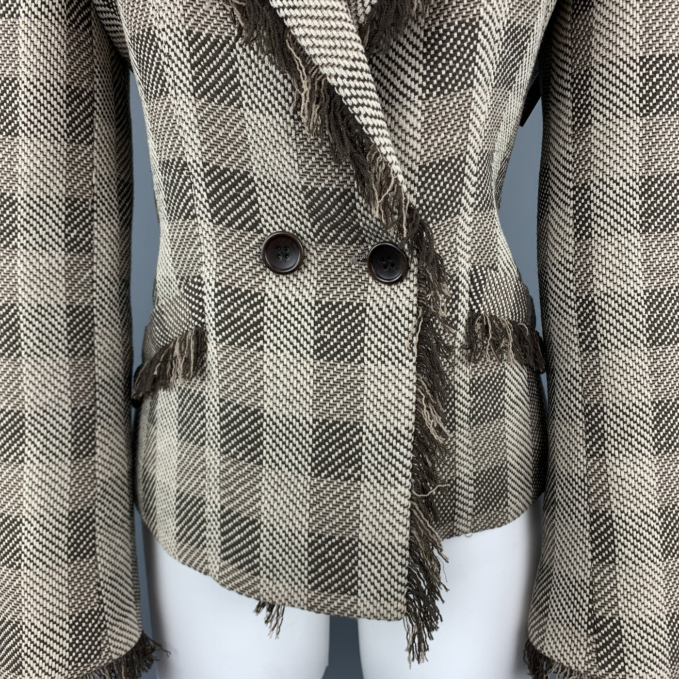 ARMANI COLLEZIONI Size 8 Taupe & Brown Plaid  Fringe Trim Jacket