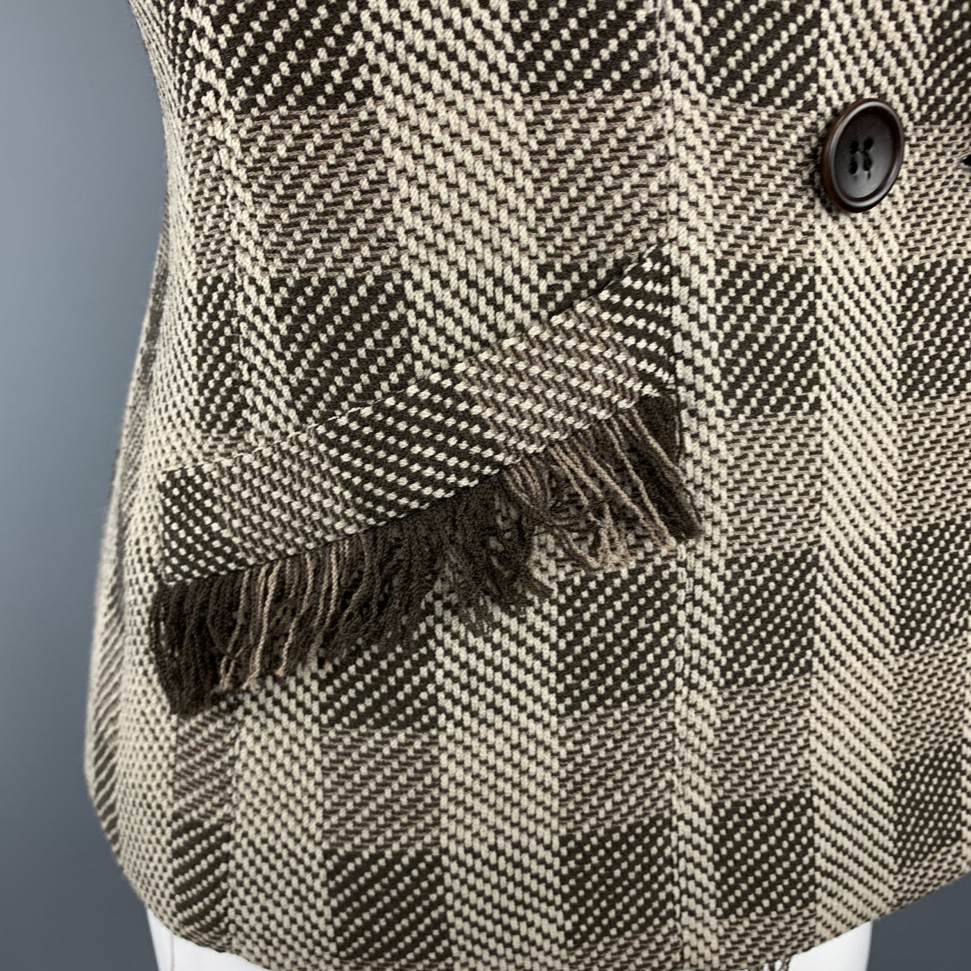 ARMANI COLLEZIONI Size 8 Taupe & Brown Plaid  Fringe Trim Jacket