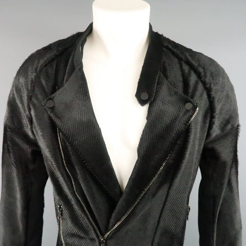 BAJA EAST Size M Black Perforated Ponyhair Leather and Twill Biker Jacket BAJA EAST