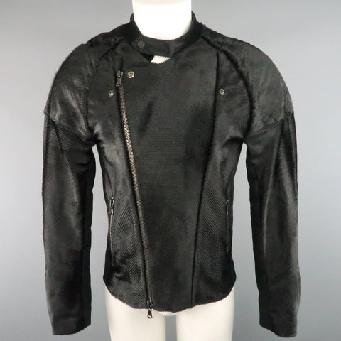 BAJA EAST Size M Black Perforated Ponyhair Leather and Twill Biker Jacket BAJA EAST