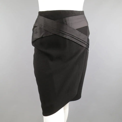 BALENCIAGA Size 4 Black Crepe Pleated Satin Panelled Pencil Skirt BALENCIAGA