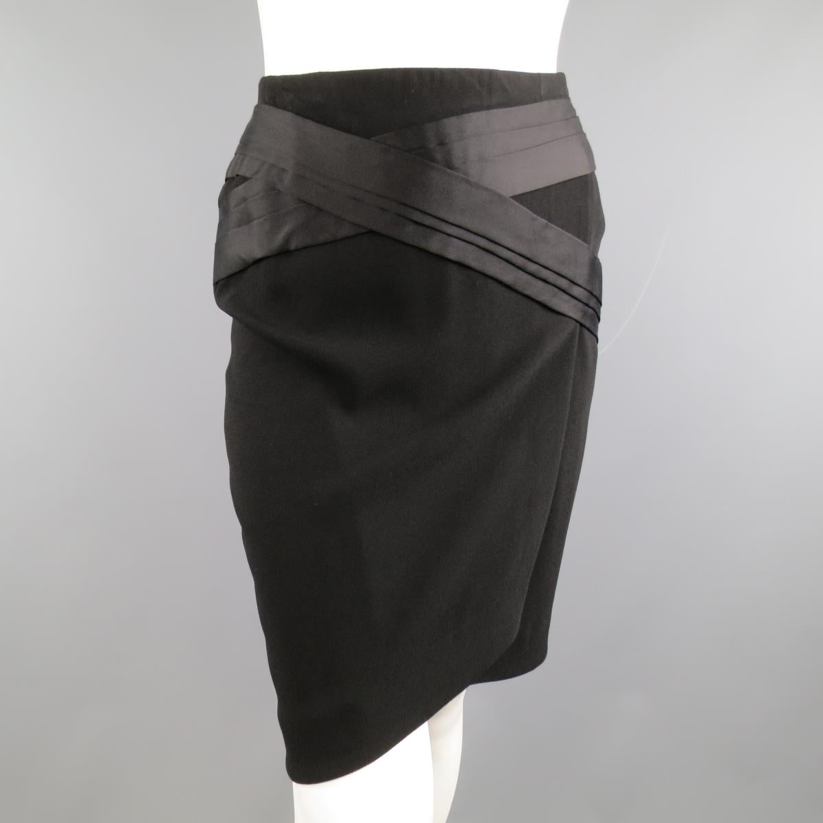 BALENCIAGA Size 4 Black Crepe Pleated Satin Panelled Pencil Skirt