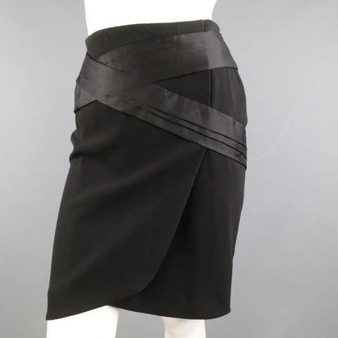 BALENCIAGA Size 4 Black Crepe Pleated Satin Panelled Pencil Skirt BALENCIAGA