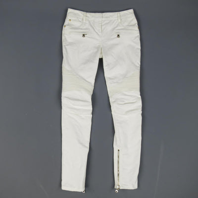 BALMAIN Size 4 White Cotton Gold Zip Moto Jeans