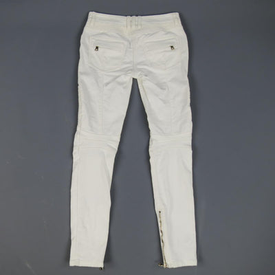 BALMAIN Size 4 White Cotton Gold Zip Moto Jeans