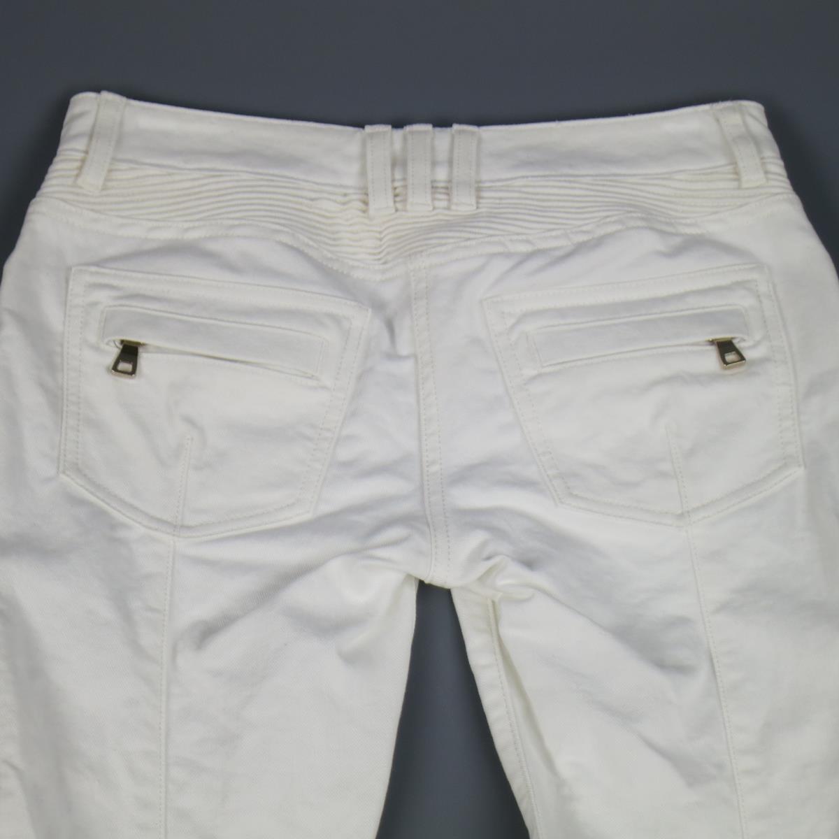 BALMAIN Size 4 White Cotton Gold Zip Moto Jeans