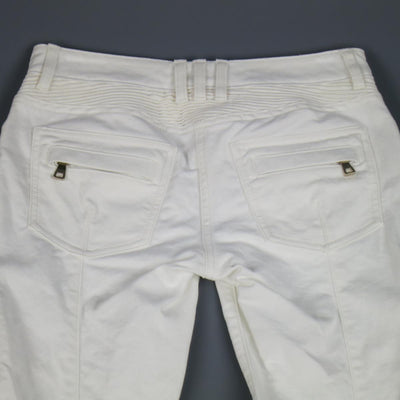 BALMAIN Size 4 White Cotton Gold Zip Moto Jeans