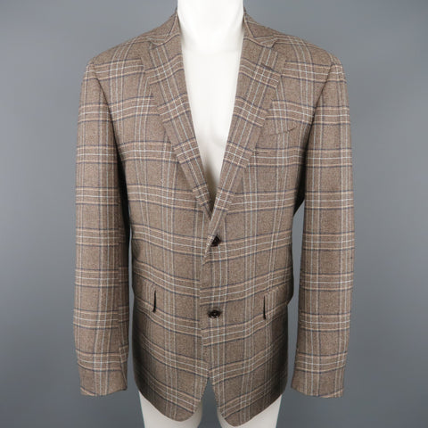 BARNEY'S NEW YORK Chest Size 44 Regular Brown Plaid Cashmere Sport Coat