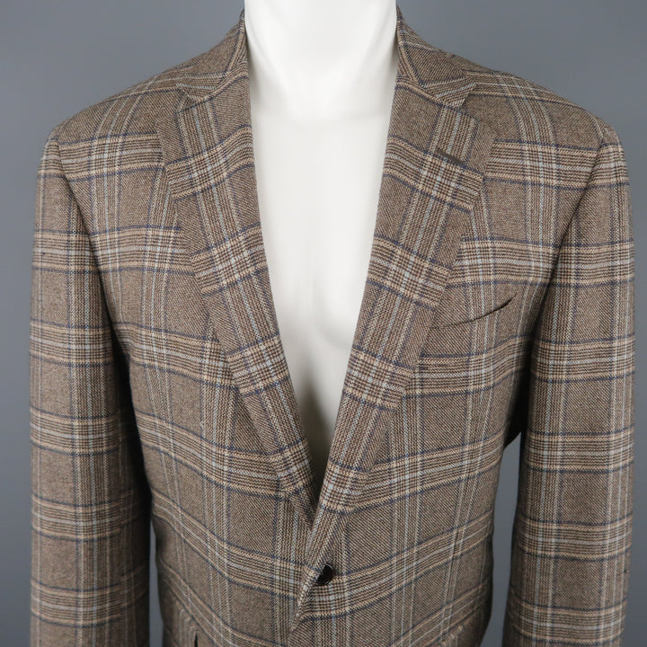 BARNEY'S NEW YORK Chest Size 44 Regular Brown Plaid Cashmere Sport Coat