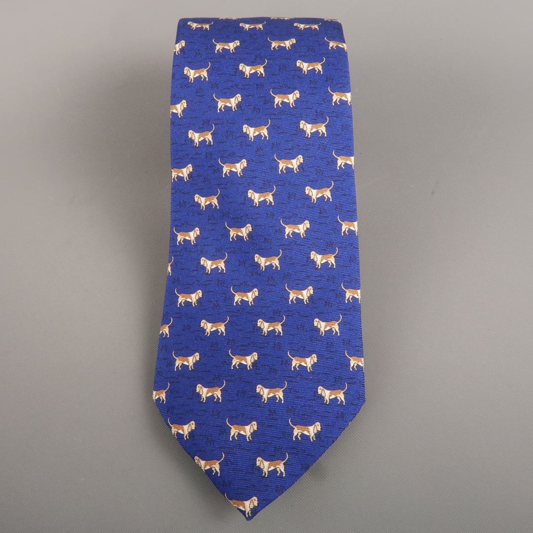 BATTISTONI Navy Silk Brown All Over Dog Print Tie