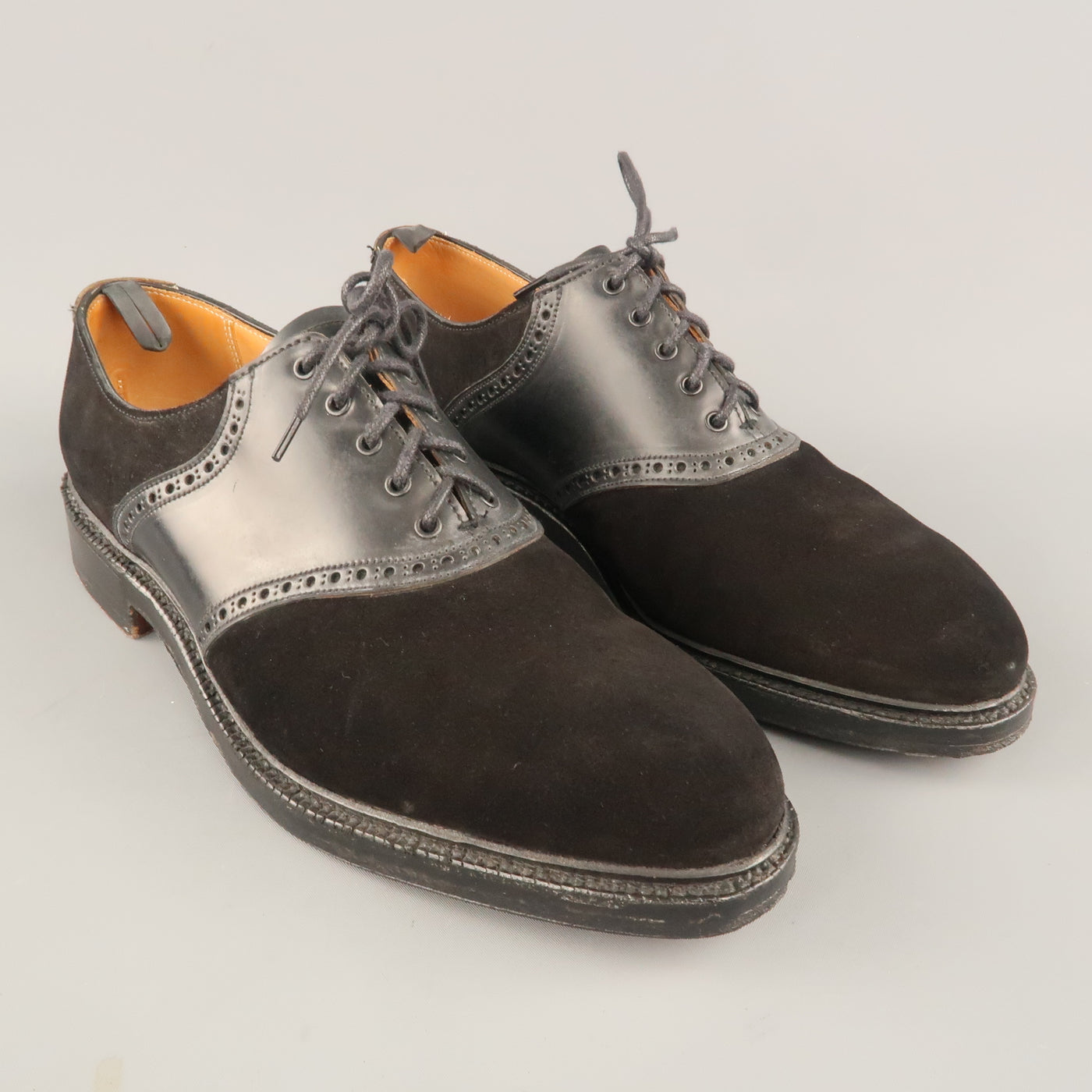 BLACK FLEECE Size 9.5 Black Suede & Leather Perforated Derby Lace Up Shoes