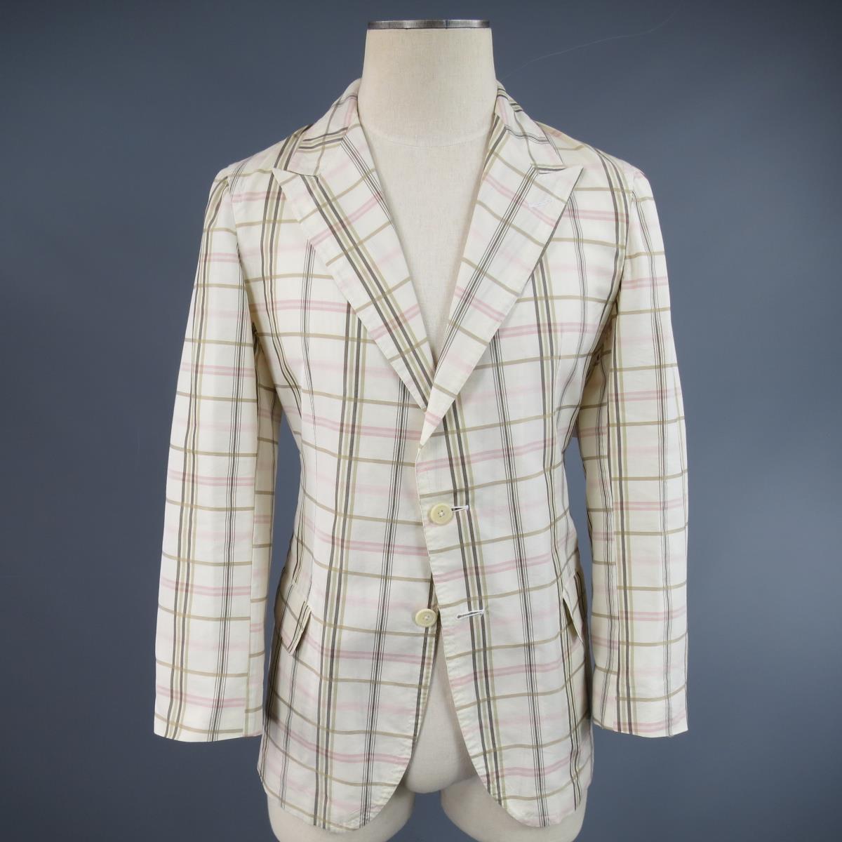 BOTTEGA VENETA 38 Short Cream Cotton / Silk Brown & Pink Plaid Sport Coat