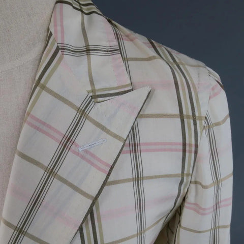 BOTTEGA VENETA 38 Short Cream Cotton / Silk Brown & Pink Plaid Sport Coat BOTTEGA VENETA