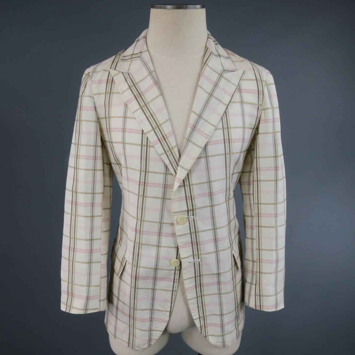 BOTTEGA VENETA 38 Short Cream Cotton / Silk Brown & Pink Plaid Sport Coat