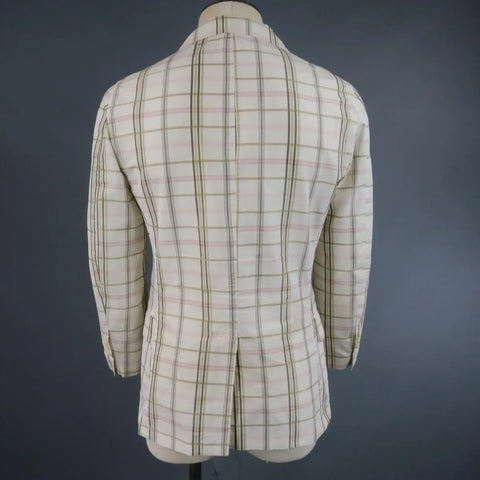 BOTTEGA VENETA 38 Short Cream Cotton / Silk Brown & Pink Plaid Sport Coat BOTTEGA VENETA