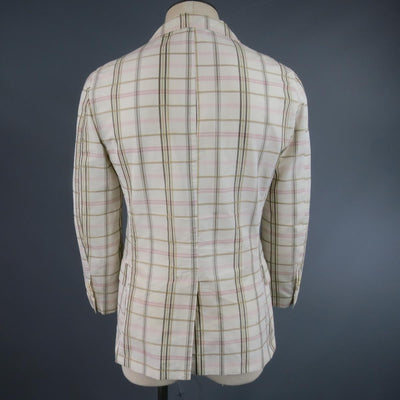 BOTTEGA VENETA 38 Short Cream Cotton / Silk Brown & Pink Plaid Sport Coat