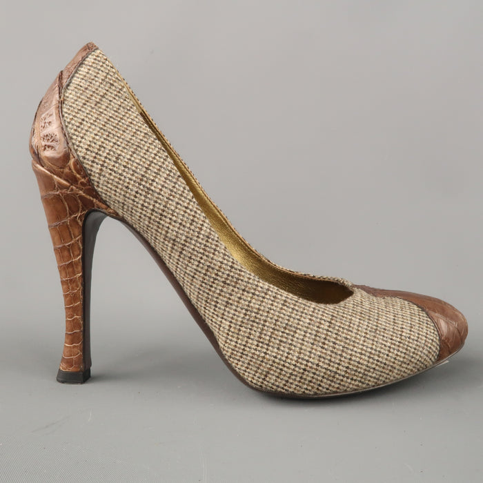 BOTTEGA VENETA Size 6.5 Brown Houndstooth Fabric & Alligator Leather Pumps