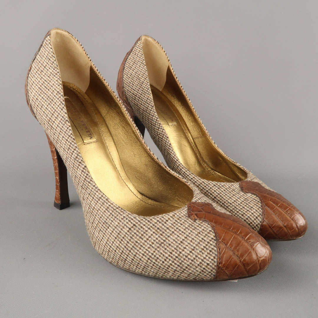 BOTTEGA VENETA Talla 6.5 Zapatos de tacón de piel de cocodrilo y tela de pata de gallo marrón