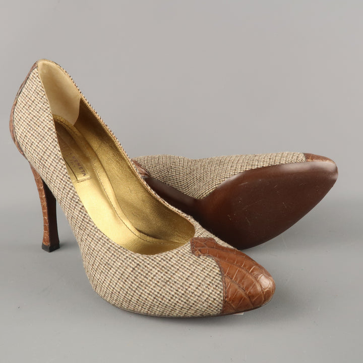 BOTTEGA VENETA Talla 6.5 Zapatos de tacón de piel de cocodrilo y tela de pata de gallo marrón
